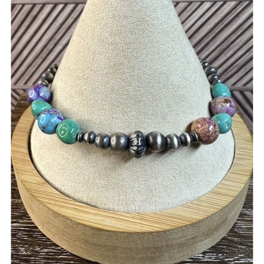 Native Southwest Sterling Navajo Pearl Turquoise & Sediment Jasper Bracelet 7.25